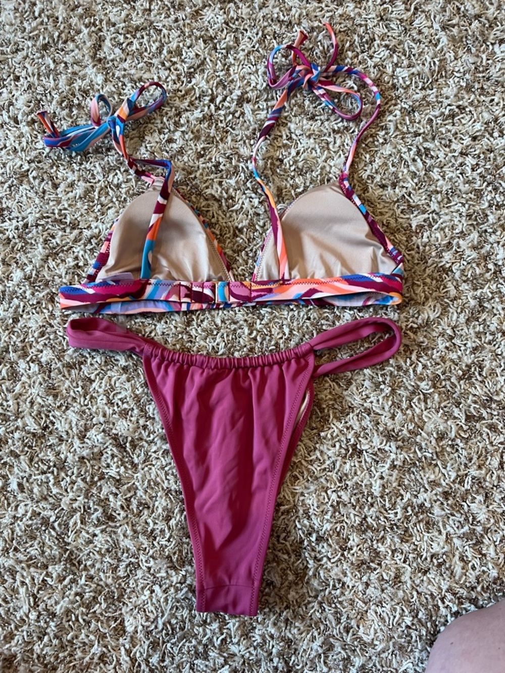 Multicolor Wave Print Triangle Bikini Top with Maroon Ruffle Bottom - Picture 2 of 2